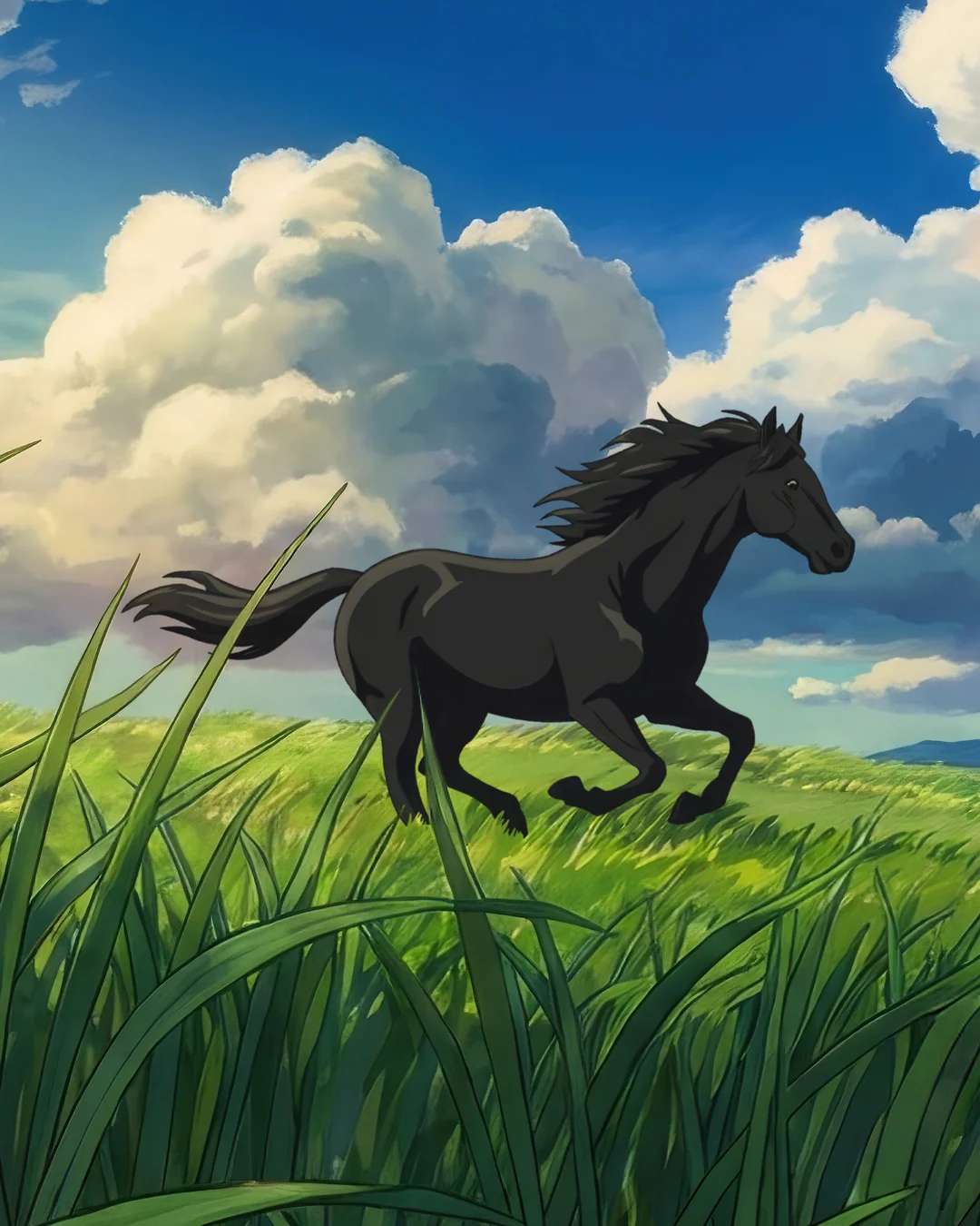 Final AI image: the black horse galloping across a sunlit meadow