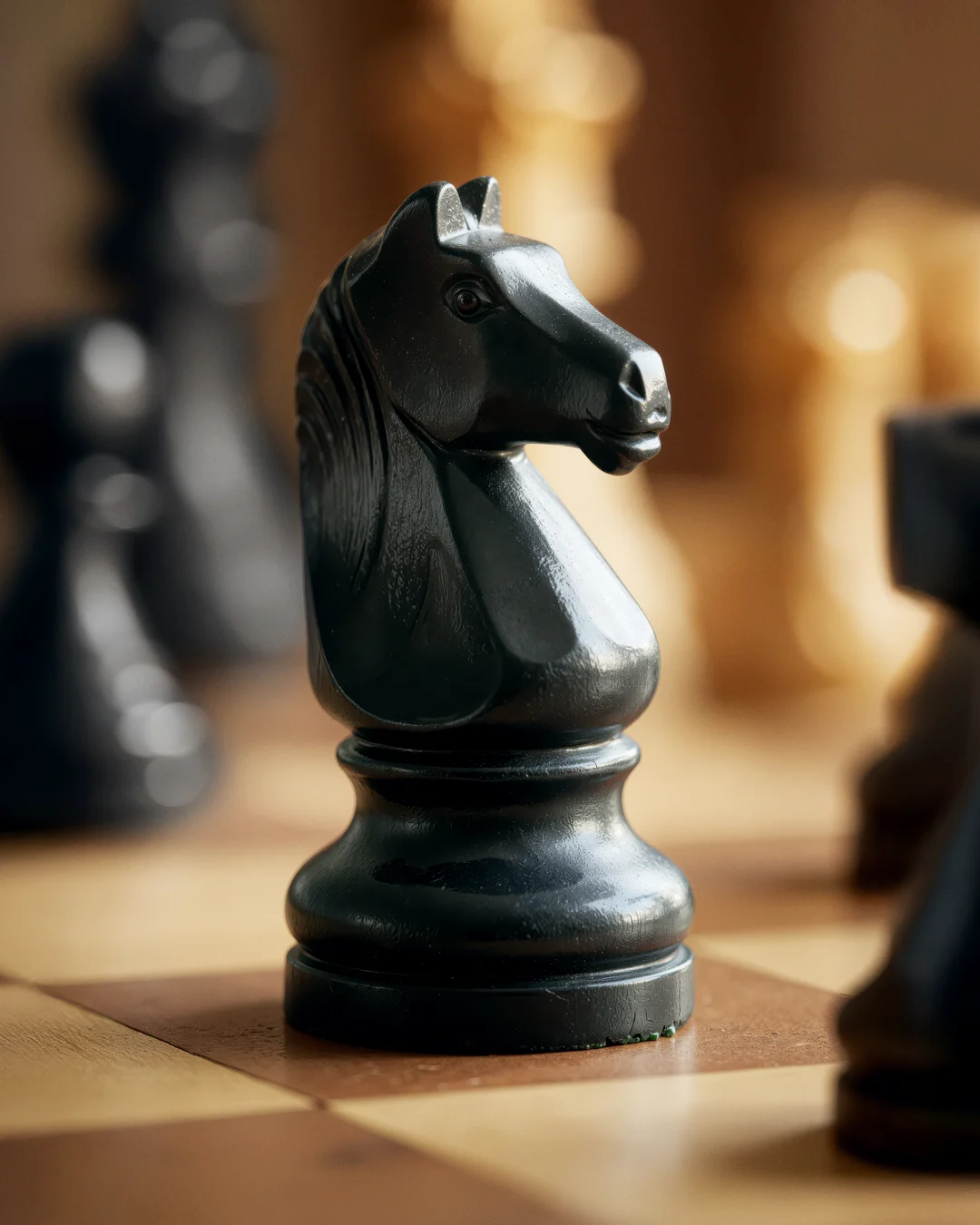Final AI image: the black knight standing among chess pieces on a wooden board