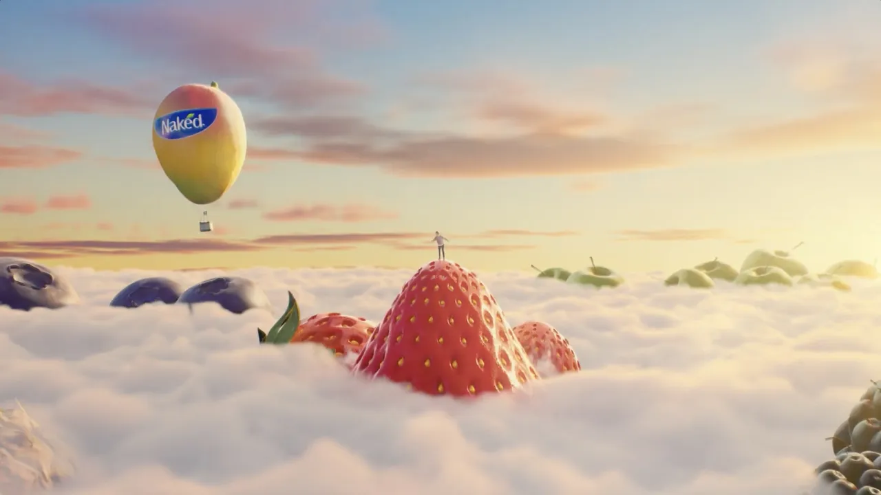 The Naked balloon drifting over a sea of cloud, a strawberry mountain below