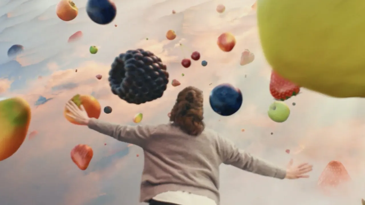 A woman reaching arms out into the fruit