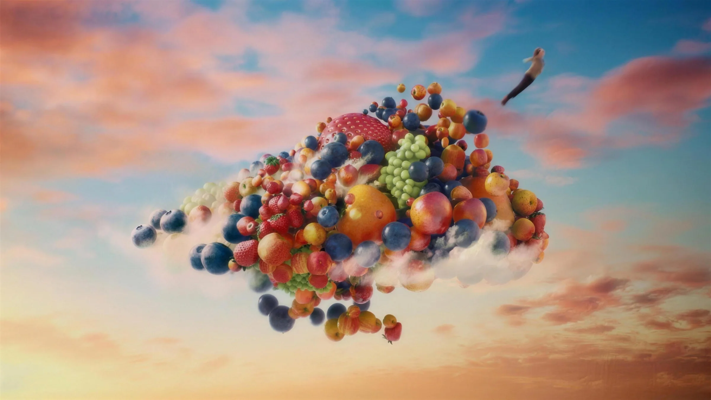 Naked Smoothies: a cloud of fruit floating through a pastel sky